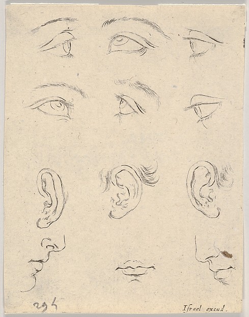 Plate 3: six eyes, three Ears, two Profiles, and a mouth, from 'The Book for Learning to Draw' (Livre pour apprendre à dessiner)