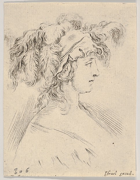 Plate 15: mid-bust of a young woman in profile wearing a hat topped with feathers, from 'The Book for Learning to Draw' (Livre pour apprendre à dessiner)