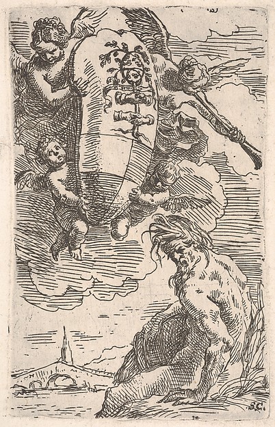 Allegory of the Foglia River and the city of Pesaro's coat of arms, frontispiece for "Il Pesarese"