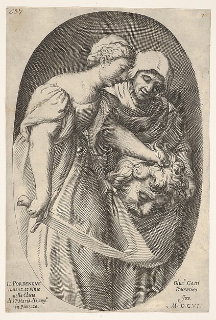 Judith with the head of Holofernes in her left hand and a sword in her right hand, accompanied by a female attendant, from a series of four Old Testament subjects by Oliviero Gatti