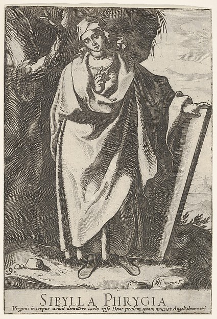 Plate 9: the Phrygian Sibyl holding the top of a tablet with her left hand and pointing with her right, from the series of 'Sibyls'