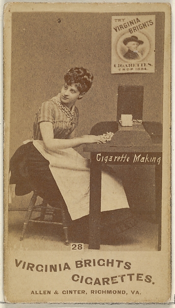 Card 28, from the series, Cigarette Making Girls (N46) for Virginia Brights Cigarettes