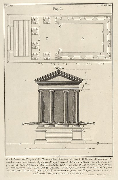 Plan and facade of the Temple of Fortuna Virilis (Tempio della Fortuna Virile), from the series 'Le Antichità Romane'