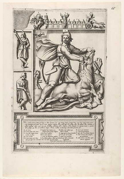 Relief with Mithras kneeling upon a bull and driving a sword into its shoulder, at left two smaller standing figures, one holding a sheathed sword and one holding a sword, a frieze with chariots and serpents coiled around figures above