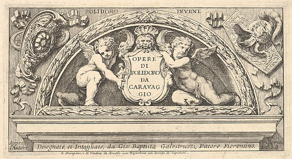 Titeplate to series of prints after Poloidoro,  title on a shield supported by two putti