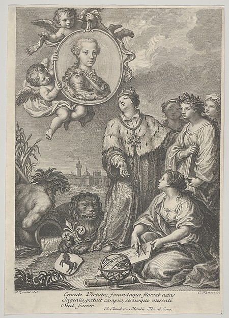 Portrait of the future Holy Roman Emperor Leopold II as the Archduke of Austria and Grand Duke of Tuscany, set within a roundel upper left, allegorical figures representing the arts and sciences below