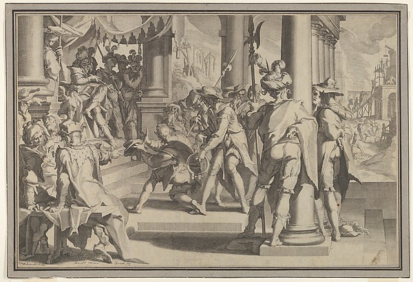 Allegory of Justice (Sanctity of the Law) with a court scene depicting a man being pardoned by a judge, plate XII from Thronus Justitiae, tredecim pulcherrimus tabulis...