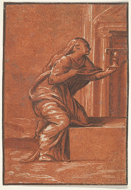 Female personification of Faith who kneels raising a chalice in her left hand, after Parmigianino