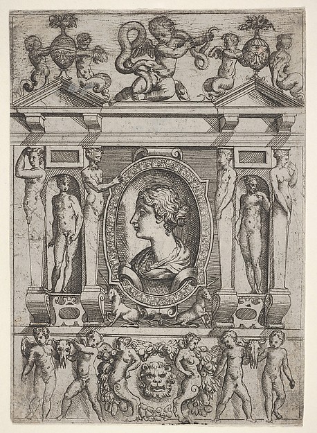 Bust of a woman in profile facing left, set in an elaborate frame with figures in niches at left and right