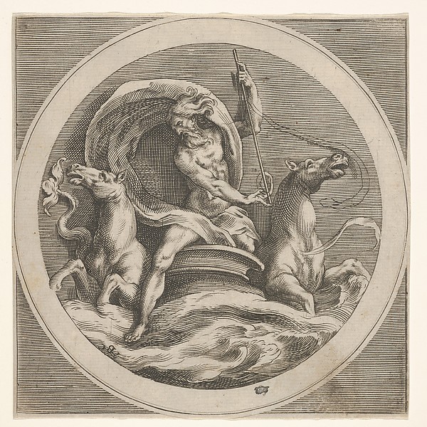 Neptune rising from the sea and bearing a staff, accompanied by two horse-headed sea creatures, reverse copy after a series of engravings by Cherubino Alberti of mythological scenes after Polidoro da Caravaggio