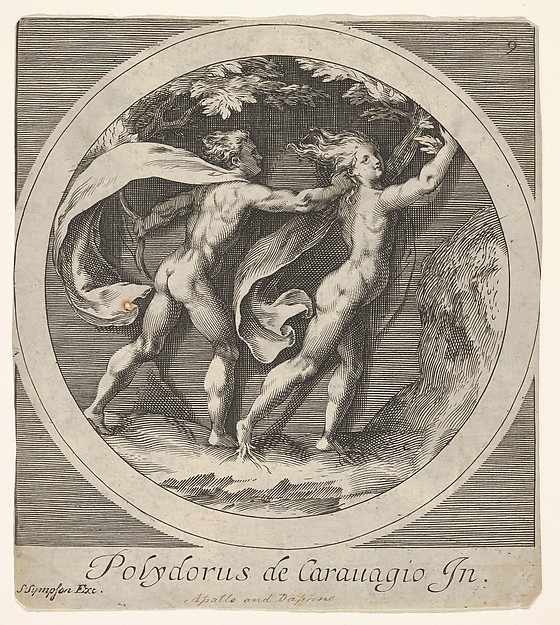Apollo pursuing Daphne, whose toes take the form of tree roots, a round composition, reverse copy after a series of engravings by Cherubino Alberti of mythological scenes after Polidoro da Caravaggio