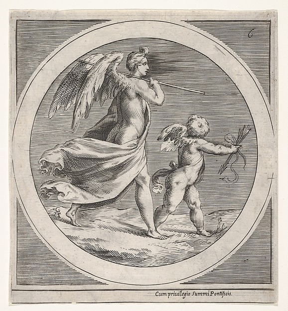 Winged female figure, draped and carrying a staff, striding behind a winged putto, who twists to look over his left shoulder, a round composition
