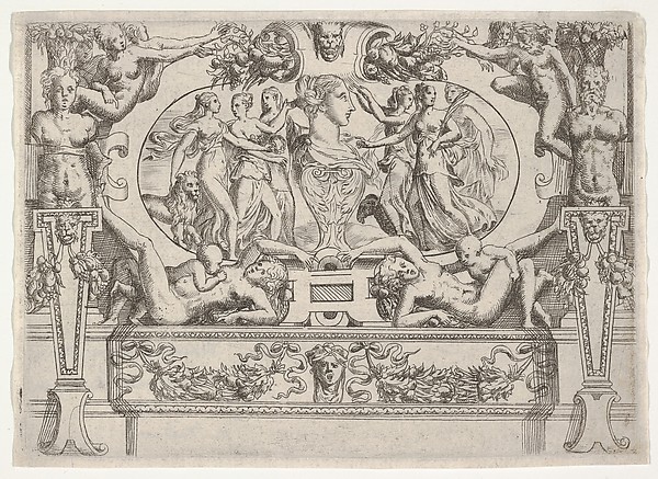 Bust of a woman flanked by three women on each side, set within an elaborate frame