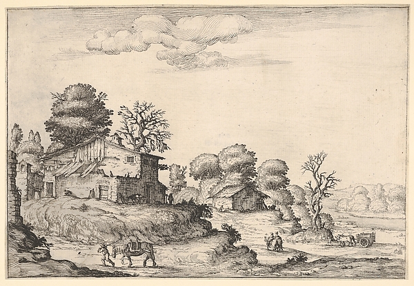 Landscape with peasant dwellings and a man leading a horse in the left foreground, from a series of landscapes dedicated to the Grand Duke of Tuscany