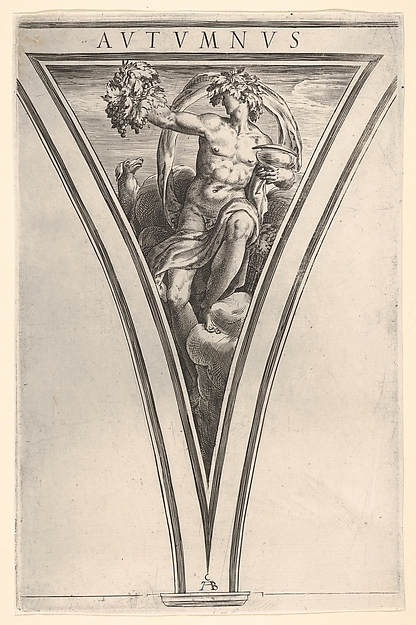 Autumn (Autumnus), represented as a seated male figure bearing grapes in his right hand and a lidded vessel in his left hand, with a billowing drape and grape wreath, a spandrel-shaped composition from the series 'The Four Seasons'