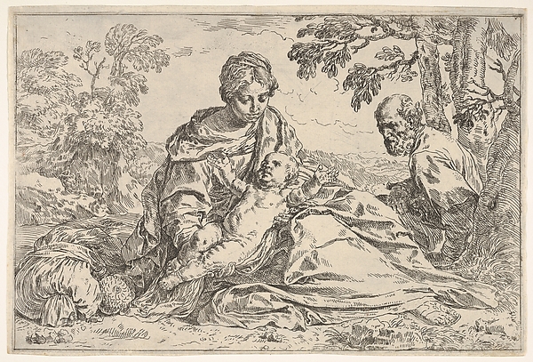 Rest on the flight into Egypt, Mary holding the infant Christ with St. Joseph at right, copy after Cantarini by Simone Cantarini