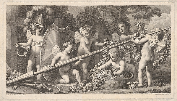 Six putti playing with the arms of Mars