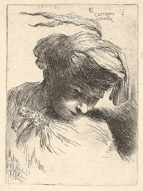 Young man looking down to right, from "'Small Heads in Oriental Headdress"