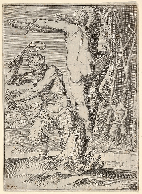 Satyr whipping a nymph, who is shown from behind and bound to a tree, a second satyr bearing a club stands in the middle ground