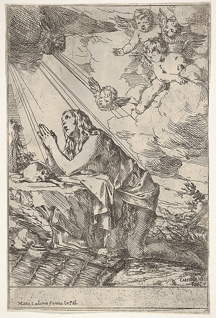Penitent Magdalen kneeling on a rocky ground before a skull and bones, an ointment jar lies in the left foreground, rays of light and winged putti descend from above
