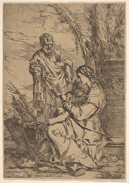 Holy Family with the Virgin reading, the Virgin sits in profile with a book in her left hand and the Child facing the viewer, Joseph stands behind them with a staff in his right hand by Giulio Carpioni