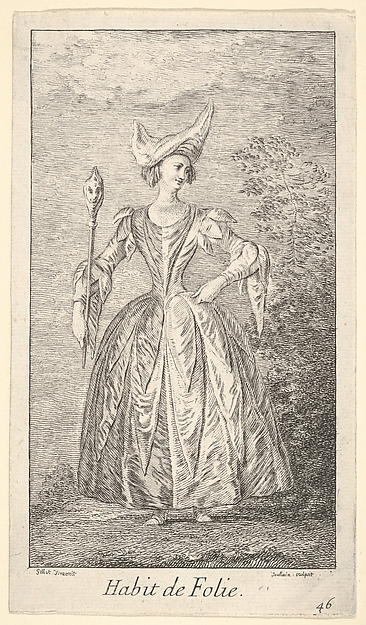 Plate 46: Habit de Folie: a woman in a ballet pose, wearing a bonnet and holding a marotte in her right hand,  from 'New designs for costumes' (Nouveaux desseins d'habillements à l'usage des balets operas et comedies)