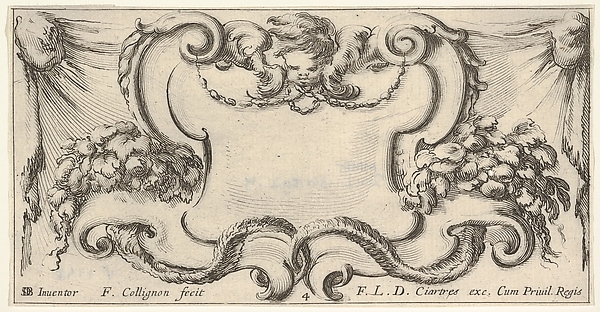 Plate 4: a cartouche with the head of a cherub at top center, leaves and flowers to either side, from 'Twelve cartouches' (Recueil de douze cartouches)