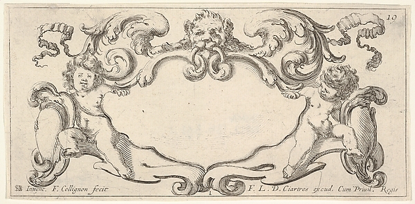 Plate 1: a cartouche with a lion head with wings at top center, a putto holding a blank escutcheon to either side, from 'Twelve cartouches' (Recueil de douze cartouches)