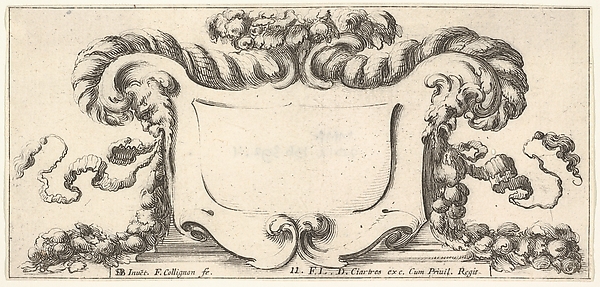 Plate 11: a cartouche with fruits, flowers, and leaves at top, a mask of a faun in profile to either side with a festoon of fruits and flowers in each of their mouths, from 'Twelve cartouches' (Recueil de douze cartouches)