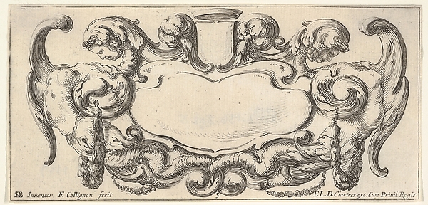 Plate 5: a cartouche with a blank escutcheon at top center, a chimera to either side, their bodies ending in scrollwork and dragon tails, from 'Twelve cartouches' (Recueil de douze cartouches)
