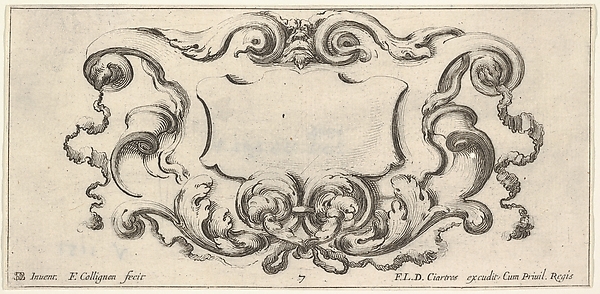 Plate 7: a cartouche with the mask of an ogre at top center, scrollwork to either side, from 'Twelve cartouches' (Recueil de douze cartouches)