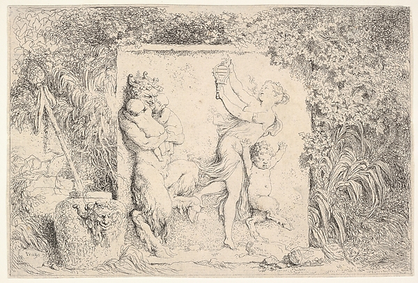 A bas-relief depicting a satyr at left holding two infants, another child satyr to right, dancing to the sound of the sistrum played by the woman in center, around the relief, a vase decorated with the head of a satyr, plants, and a thyrsus, from 'Four Bacchanalia' (Quatre Bacchanales)