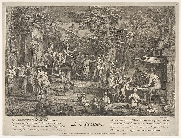 The Education (L'Education): in a forest, to right an old satyr instructor holding a wand, teaching a group of children, to the left a merchant of orvietan trying to attract spectators with his act, from 'The lives of satyrs' (La vie des satyres)