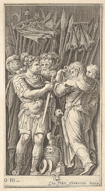 Soldiers, one shown frontally and holding a sword, at right a soldier with his back turned and holding a cup, four soldiers standing behind them with standards and spears, after the lost frescoes by Polidoro da Caravaggio on the façade of the Milesi Palace in Via della Maschera d'Oro, Rome