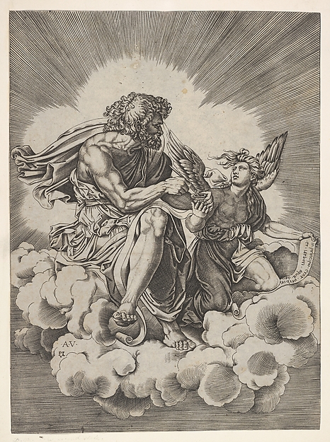 St. Matthew, seated on a cloud with legs crossed and dipping a quill into an inkwell held by an angel, who also holds an inscribed scroll, from a series of the four evangelists after Agostino Veneziano, which are in turn after Giulio Romano by Anonymous, Italian, 16th century