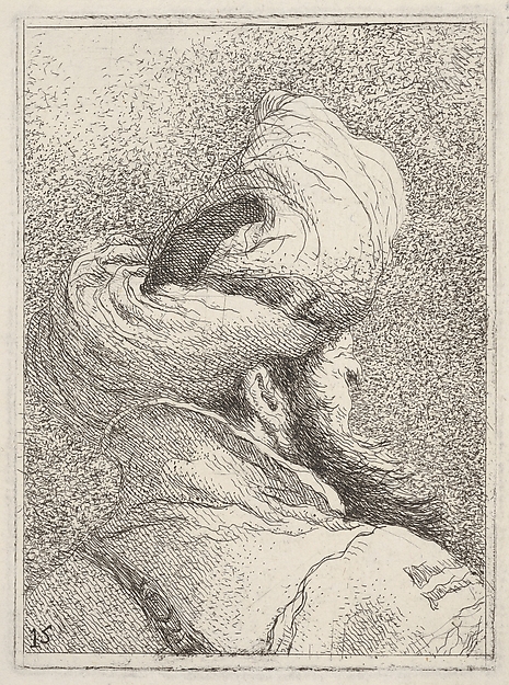 Bearded man wearing a turban, depicted in bust length from behind in three-quarters view, from the series 'Collection of heads' (Raccolta di teste)