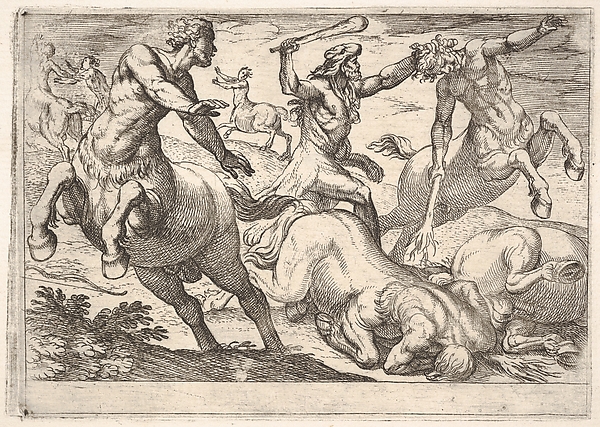 Hercules and the Centaurs: Hercules holds the head of a centaur with his left hand and raises his club with his right hand, in the foreground and background are fallen and fleeing centaurs, from the series 'The Labors of Hercules'