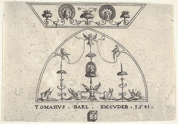 Two panels of grotesque decoration, with winged human figures, birds, and griffins, from a series of panels of different dimensions representing grotesques
