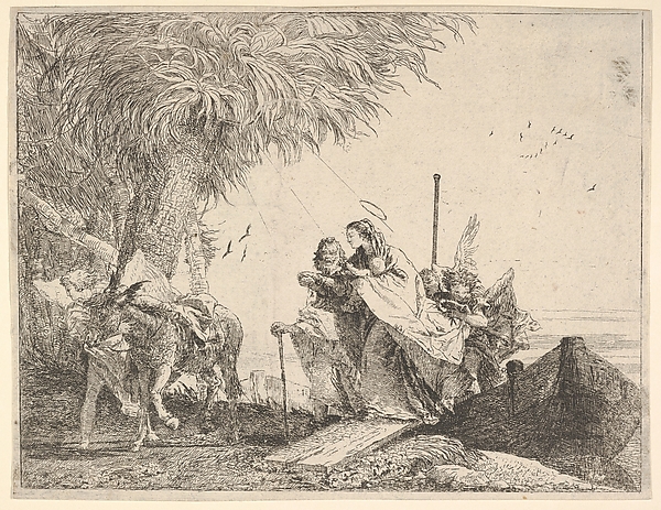 Mary, helped by Joseph and an angel, stepping from a boat to the shore, an angel steadies a donkey before her, from "The Flight into Egypt" by Giovanni Domenico Tiepolo