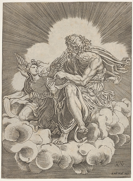 St. Matthew, seated on a cloud and dipping a quill into an inkwell held by an angel, who is also holding a scroll, from a series of the four evangelists after Giulio Romano by Agostino Veneziano (Agostino dei Musi)
