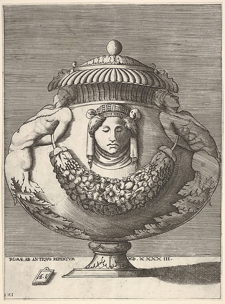Antique Lidded Urn with Hybrid Male Sphinxes and a Female Mask on the Body, from "Vases after the Antique"