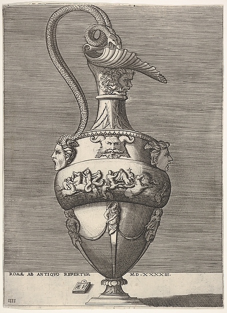 Antique Ewer with a Handle in the Shape of Two Snakes coming from the Head of Medusa below, from "Vases after the Antique"