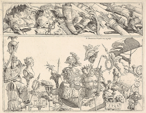 Roman arms, standards, and trophies, a composition divided into two horizontal bands