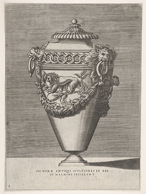 Antique Lidded Urn Decorated with a Motif of Diamond Rings and Lions, from Vases after the Antique