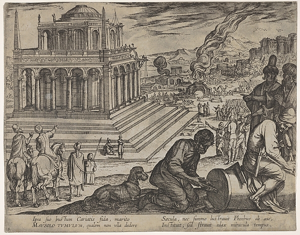 Plate 5: Tomb of Mausolus, stone masons make a column at the right, from "The Seven Wonders of the World"