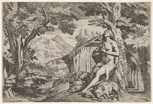 The prodigal son seated at the base of a tree among swine, his gaze directed upward and his hands folded at his chest, surrounded by a wooded landscape and a pigsty by Pietro Testa