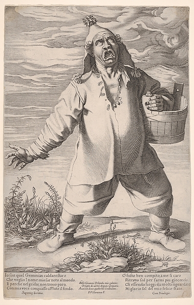 Geminiano Caldarostaro crying out and holding a tub, with a tasseled hat