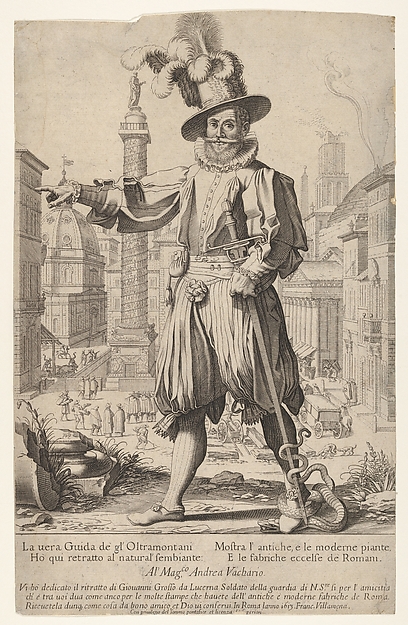 Giovanni Grosso standing on the Quirinal Hill in Rome, with his right arm outstretched and a snake coiled around his foot and sword