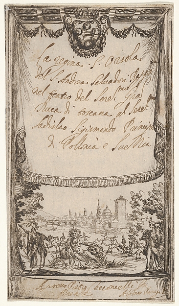 Frontispiece, 'Queenly St. Ursula' (La Regina Sant'Orsola), from a series of prints for the performance of the St. Ursula tragedy, presented in Florence at the beginning of the 17th century