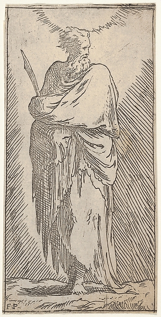 St. Bartholomew, standing in frontal view with head facing to right and holding martyr's palm with both arms, from "Christ and the Twelve Apostles" by Master F. P.